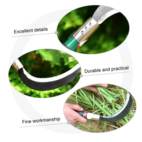 Close-up of Two Piece Manganese Steel Weeding Sickle Ergonomic Short Handle Garden Tool Set, showcasing blade details and usage.
