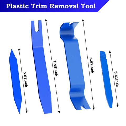 Four blue plastic pry tools from 7 Piece Car Trim Removal Tool Kit With Plastic Pry Tools And Auto Fastener Clip Pliers For Body Upholstery.
