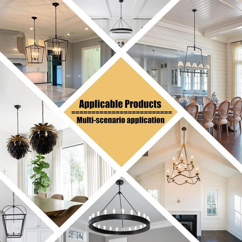 Ceiling light fixture hardware collage in black finish, showing chandeliers, pendants, and a ring light