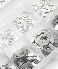 304 Stainless Steel E Clip Retaining Ring Set, 200 Pcs All In One Kit M1.5 To M10 External Rings sorted in storage box compartments.