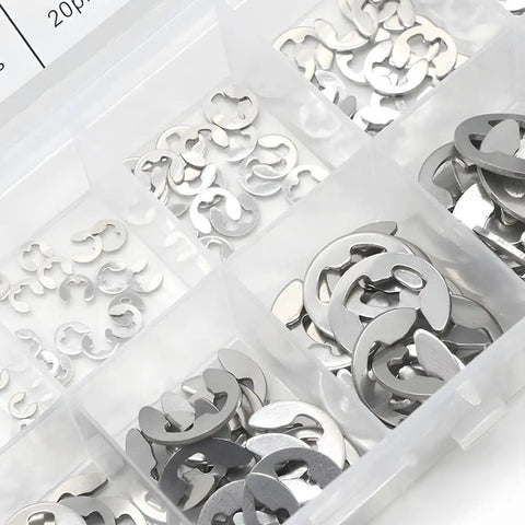 304 Stainless Steel E Clip Retaining Ring Set, 200 Pcs All In One Kit M1.5 To M10 External Rings sorted in storage box compartments.