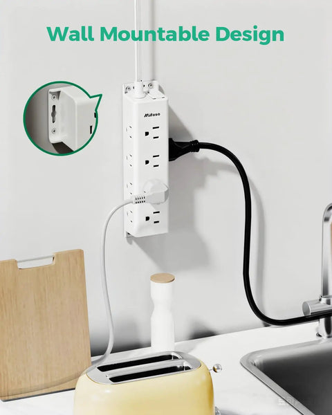 Wall-mounted Dope 12 Outlet Surge Protector Power Strip With 3 Side Design next to a toaster and kitchen counter.
