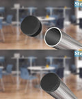 Installation steps of 12 Pcs Round Plastic Hole Plugs 25mm Black End Caps For Tubing Glides on table leg, showing before and after.