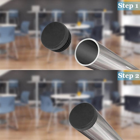 Installation steps of 12 Pcs Round Plastic Hole Plugs 25mm Black End Caps For Tubing Glides on table leg, showing before and after.