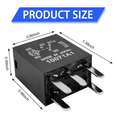 Universal Fit 2 Pack 12V 5 Pin Automotive Fuel Pump Relay Waterproof Heavy Duty Switch dimensions shown in inches.