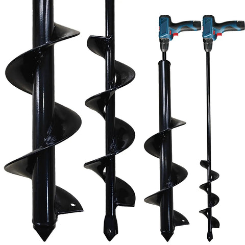 Two Size Garden Auger Drill Bits Set 3.5 x 16 and 1.6 x 16.8 Inch for Quick Bulb and Flower Planting shown with hex drills.