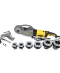 Handheld Power Pipe Threader Knocks Out 1/2 To 2 Inch Npt Runs Smoothly with dies and support arm laid out.