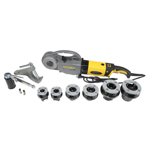 Handheld Power Pipe Threader Knocks Out 1/2 To 2 Inch Npt Runs Smoothly with dies and support arm laid out.