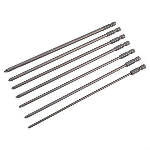 Ultra Long 7-Piece Screwdriver Bits Set PH1 PH2 With Deep Reach 200mm Extra Length Drivers For Tough Jobs 6.35mm Hex Shank Mag Head High Quality Steel Power Tool Kit That Never Gets Slipped. 7 steel screwdriver bits, 200mm long, hex shank