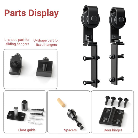 Bi Folding Barn Door Hardware Kit 5ft 60 Inch Sliding Track For Four Doors Heavy Duty Carbon Steel Frosted Black Finish Rust Resistant Hardware Only No Wood Door Included With Mounting Hardware parts display with rollers, floor guide, spacers, and door hinges.