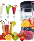 16oz Replacement Blender Cup With Lids For Ninja Blenders Two Pack filled with fruit, surrounded by mixed fruit and smoothies