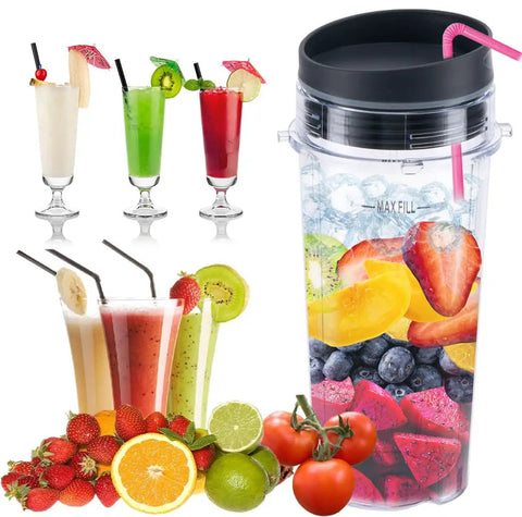 16oz Replacement Blender Cup With Lids For Ninja Blenders Two Pack filled with fruit, surrounded by mixed fruit and smoothies