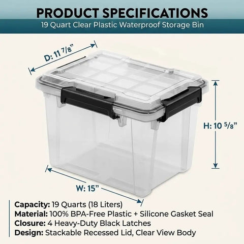 Hella Sturdy 19 Quart Stackable Storage Bin With Airtight Gasket Seal And Clear Body, 15 x 11 7/8 x 10 5/8 inch, waterproof plastic design.