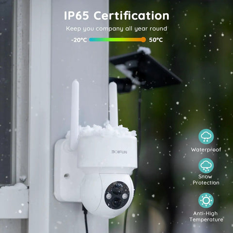 2K Ultra Clear Solar Wireless Outdoor Security Camera With 360 Degree PTZ, Spotlight And Siren, mounted in snowy weather