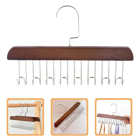 Solid Wooden Closet Organizer Dual Pack featuring eight smooth stainless steel hooks for scarves and ties.