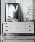White dresser featuring Six Piece Leather Drawer Pulls Set In Brown With Gold Rivet Screws, 4.72 Inch Soft Cabinet Dresser Handles.