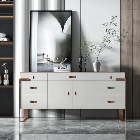 White dresser featuring Six Piece Leather Drawer Pulls Set In Brown With Gold Rivet Screws, 4.72 Inch Soft Cabinet Dresser Handles.