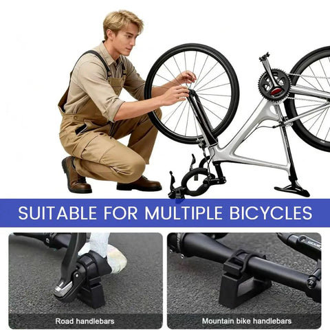 Two-Pack Portable Bike Repair Stands With Quick-Release Handlebar Support, Heavy-Duty Maintenance Workstands, shown with bike and user