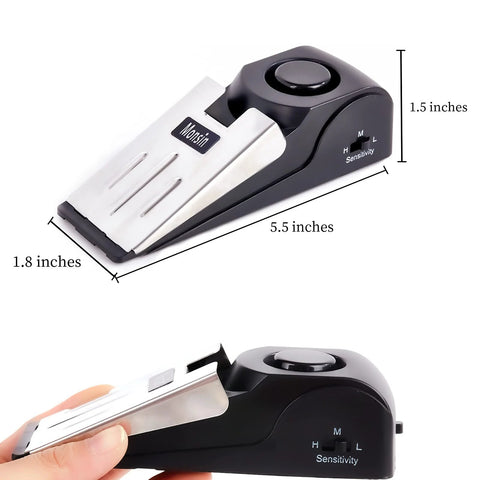 Front view of black door stop alarm wedge with metal plate; 120dB; pack of 2