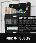 Heavy Duty Over The Door Organizer With Five Deep Hanging Shelves For Closet Shoe And Bathroom Vanity Storage Holds Fifty Pounds Rock Solid Dorm Life Upgrade Black with books and yarn.
