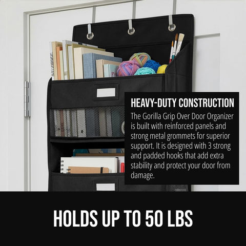 Heavy Duty Over The Door Organizer With Five Deep Hanging Shelves For Closet Shoe And Bathroom Vanity Storage Holds Fifty Pounds Rock Solid Dorm Life Upgrade Black with books and yarn.