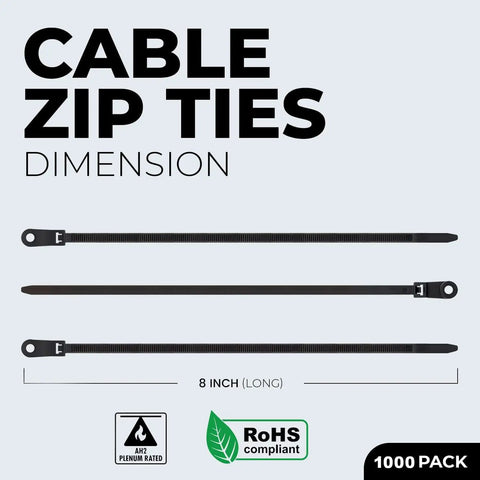 Heavy Duty Black Cable Ties 1000 Pack 8 Inch Nylon Zip Ties With Screw Down Hole For Mounting 50 Lbs Tensile Strength