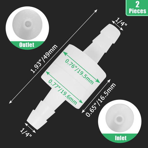 Inline check valve, Luomorgo white PVDF, 1/4in fittings, 2 pieces