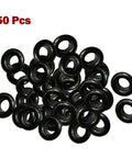Badass Plastic Eyelets Hand Press Kit Adjustable Resin Grommets 50 pack black grommets shown in bulk for tent and tarp reinforcement.