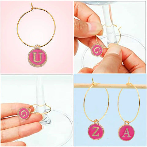 Rose Red Enamel Alphabet Charms And Golden Wine Glass Marker Rings Set Including 52 Alphabet Charms And 60 Marker Rings For Wine Tasting Parties Party Favors Gift Decor And Beading Hoops For Diy Jewelry Or Crafts displayed with letters Q, U, Z, A