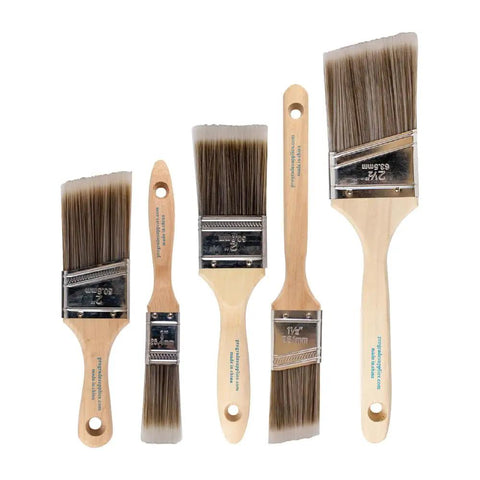 Must-Have 5 Piece Paint Brush Set With 1 Inch Flat, 1.5 Inch Angle, 2 Inch Flat, 2 Inch Angle Stubby, And 2.5 Inch Angle Brushes for walls.