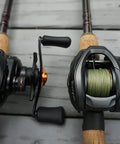 Two Vertix LP Baitcasting Reel Pro Grade Performance With 7 Plus 1 Ball Bearings, 20 Lb Carbon Fiber Drag, Dark Gray shown on rods