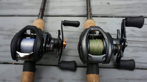 Two Vertix LP Baitcasting Reel Pro Grade Performance With 7 Plus 1 Ball Bearings, 20 Lb Carbon Fiber Drag, Dark Gray shown on rods