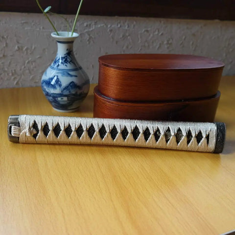 Samurai Katana Tsuka Handle 10.2 Inch Do It Yourself DIY Grip Upgrade with dope alloy copper iron fittings on wooden table