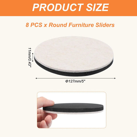 Hella Smooth Five Inch Felt Furniture Sliders Sturdy Eight Piece Round Movers showing product size and material details for smooth movement.