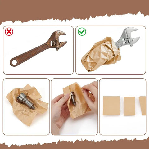 VCI Paper Roll With Phase Rust Inhibitor For Tool Storage And Metal Parts Protection, Heavy Duty Industrial Kraft Paper Wrapping For Corrosion Prevention, 21.87 Yard By 11.81 Inch Size, Long Lasting Rust Shield. VCI kraft paper wrapping a wrench and metal parts