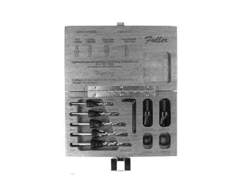 Professional Countersink And Taper Drill Bit Set For Five Through Nine Wood Screws Featuring Heat Treated Steel And Four Flute Cutters, complete kit with labeled cutters.