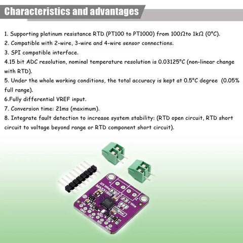 MAX31865 PT100 And PT1000 RTD Temperature Sensor Amplifier Board For Arduino shown with connectors and features list