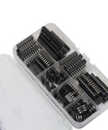 66 Piece DIP IC Socket Kit With Flat Feet Solder Type 2.54mm Pitch 0.5mm Above PCB includes various pin configurations in a box.