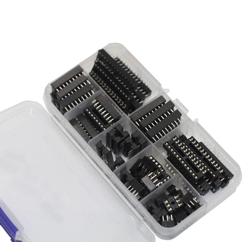 66 Piece DIP IC Socket Kit With Flat Feet Solder Type 2.54mm Pitch 0.5mm Above PCB includes various pin configurations in a box.