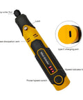 A yellow handheld electric grinding and engraving pen kit with 58 bits, type C charging port, and speed indicators for DIY projects.