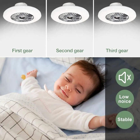 Remote LED Ceiling Fan With Light Kit 40W Dimmable showing 3 speeds in use above a sleeping baby, low noise and stable operation