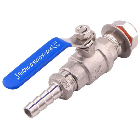 Stainless steel 1/2-inch ball valve with blue lever, weldless bulkhead, hose barb outlet for home brew kettle