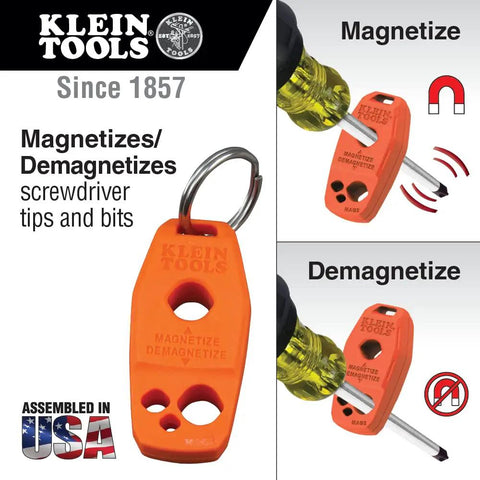 Klein Tools magnetizer and demagnetizer tool for screwdriver tips, orange plastic with keyring, assembled in USA.