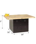 Heavy Duty Black Steel And Hardwood Top Workbench Boasting Eight Padlockable Locker Cabinets Built Like A Tank For Boss Grade Garage Storage And Serious Shop Sessions, 64W by 54D, with wooden top.