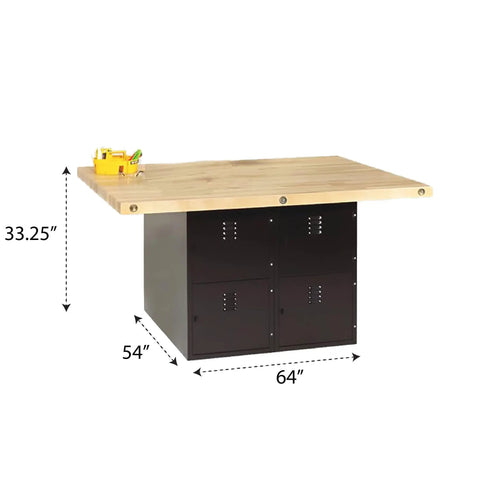 Heavy Duty Black Steel And Hardwood Top Workbench Boasting Eight Padlockable Locker Cabinets Built Like A Tank For Boss Grade Garage Storage And Serious Shop Sessions, 64W by 54D, with wooden top.