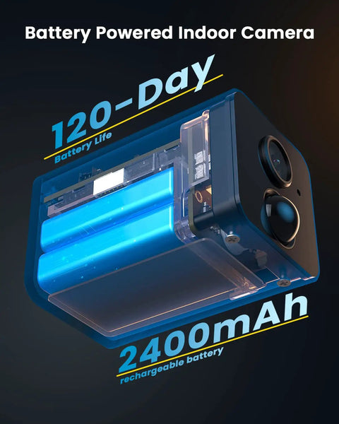 Battery pack of Wireless Doorbell Camera With 2K Video And 3MP Night Vision, showing 120-day life and 2400mAh capacity.