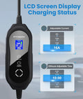Badass Range Ready Portable EV Charger With Adjustable 16A Current 21 Ft J1772 Cable showing LCD screen display with adjustable current options.