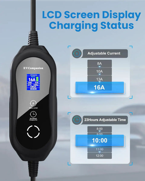 Badass Range Ready Portable EV Charger With Adjustable 16A Current 21 Ft J1772 Cable showing LCD screen display with adjustable current options.