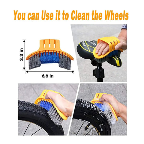 10 Piece Bicycle Cleaning Kit With Chain Cleaner, Chain Brush, Tire Cleaner showing brush cleaning bicycle wheels