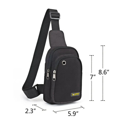 Black ergonomic sling bag chest backpack shown with dimensions, featuring adjustable strap and waterproof material.